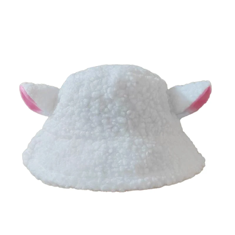 Women Autumn Winter Faux Lamb Sheep Ears Fisherman caps Cute Sweet Plush White Panama Bucket Hat