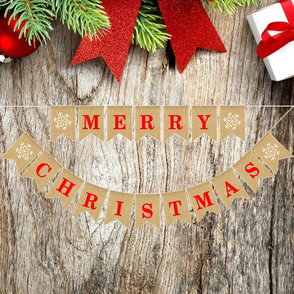 

Christmas Decoration Flag Linen Burlap Banner Hanging Merry Letter Snowflake Pattern