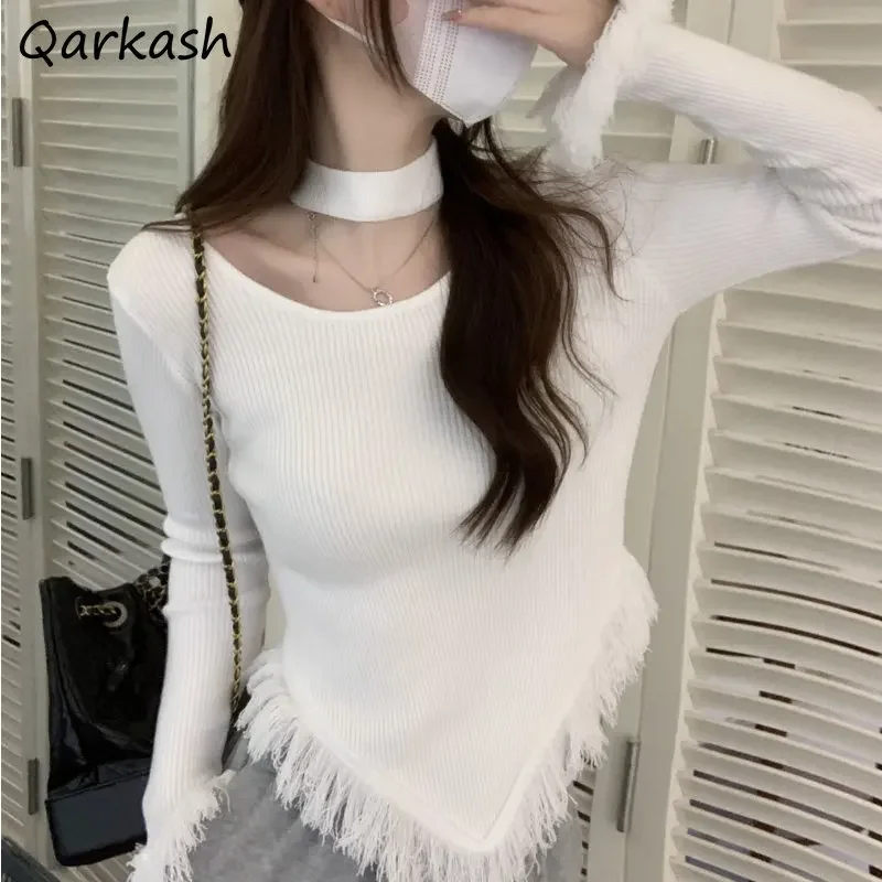 

Long Sleeve Pullovers Women Autumn Winter Tassel Fashion Halter Tender Solid Korean Style Vintage Simple Casual Streetwear Chic