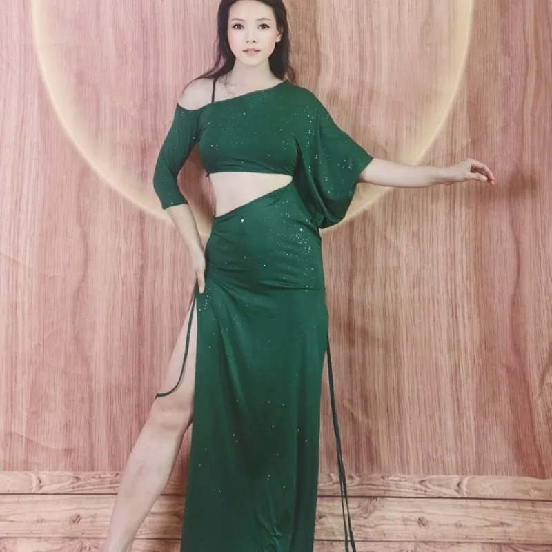 

Customized Belly Dance Practice Outfit Oriental Dance Costumes Silver Ice Silk Single-sided Off Shoulder Waist Bat Sleeve Dress