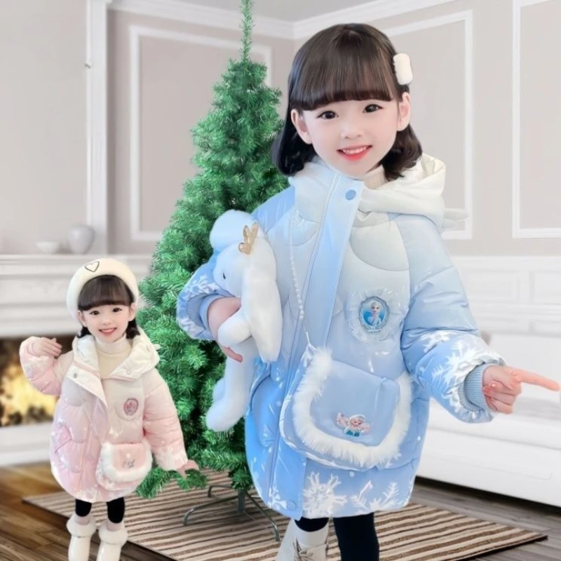 Frozen Elsa Anna mercancía de la película abrigo acolchado para niñas dulce y encantadora chaqueta de algodón de longitud media cálida y resistente al viento de invierno