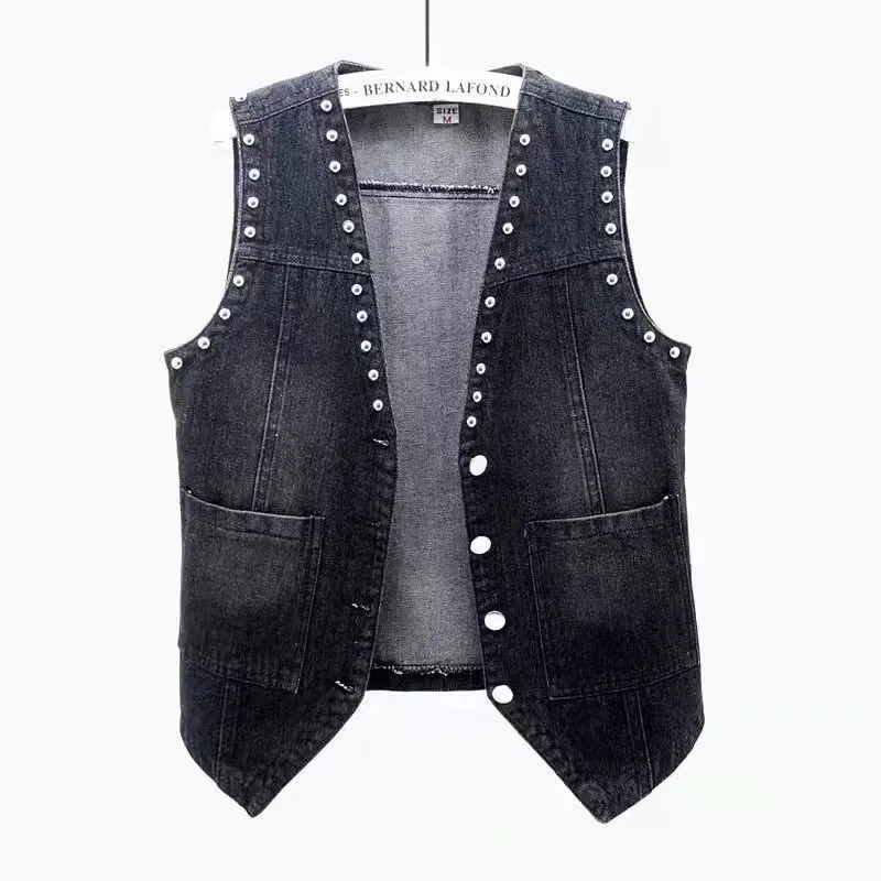 

Spring Fashion Lace Beading Denim Vest Women Clothes Korean Hole Sleeveless Jacket Female Slim Short Jeans Waistcoat Tide H2474