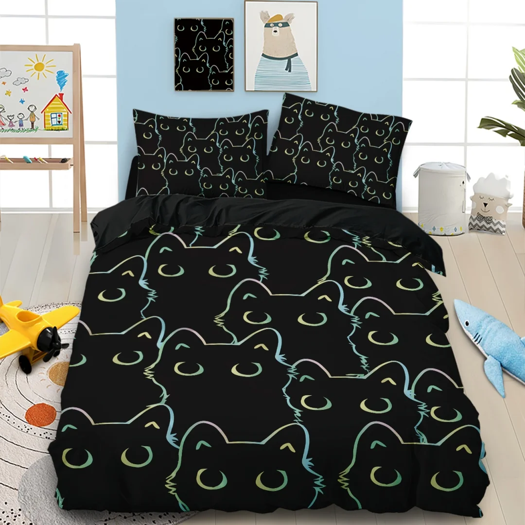 Niedliches Katzen-Bettwäsche-Set, 3D-gedrucktes Bettbezug-Set, hautfreundliches Cartoon-Bettwäsche-Set, Einzelbett, Doppelgröße, Schlafzimmer-Dekoration für Kinder – Detail 4
