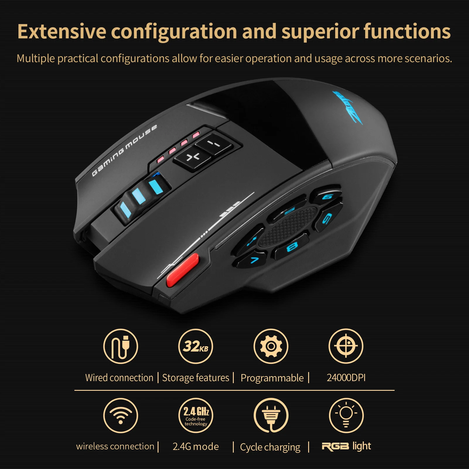 Wireless Gaming Mouse Rechargeable Triple Mode Ergonomic 13 Key Programmable 24000 DPI for Work Laptop PC Gaming