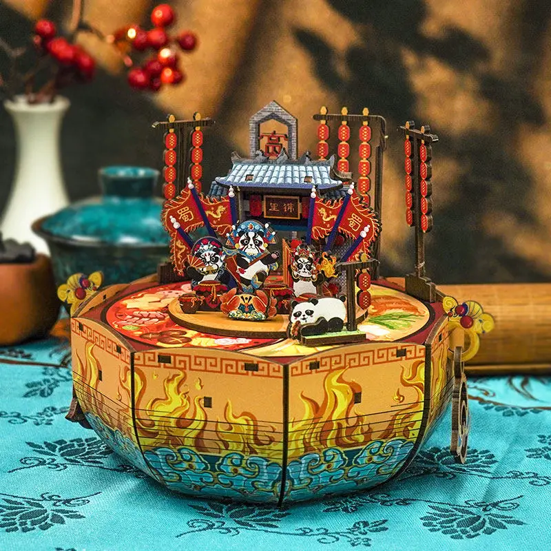 Wooden DIY Music Box Kit–Chengdu Impression Chinese Style 3D Puzzle Building Set with Rotating Mechanism,Creative Gift for Girls