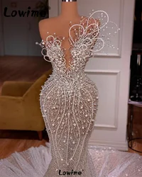 Luxury Long Off White Celebrity Dresses Sweetheart Full Pearl Beaded Mermaid Evening Dress Arabic Prom Party Dress Abendkleider