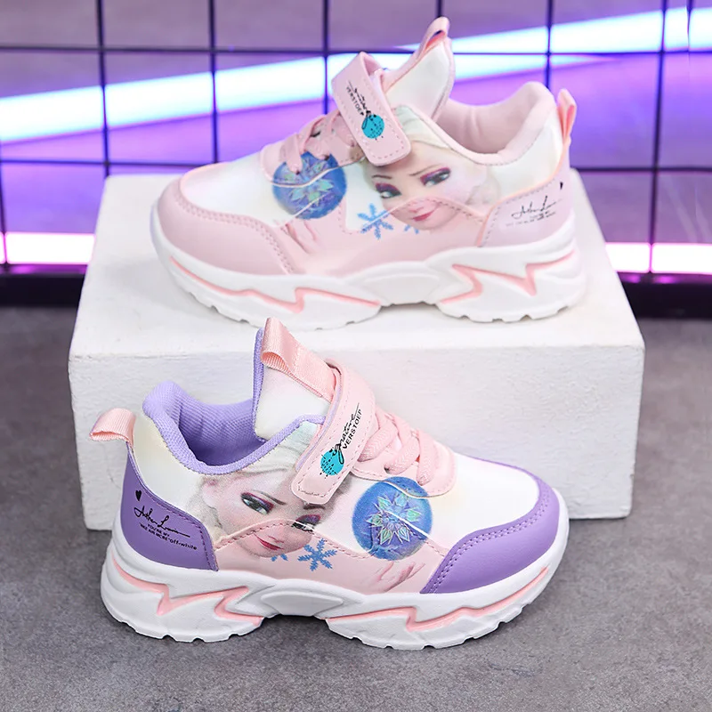 Disney Girls' Casual Shoes Cartoon Fashion Soft Sole Anti Slip Princess Elsa Frozen Children's Sports Shoes Sneakers Size 26-37