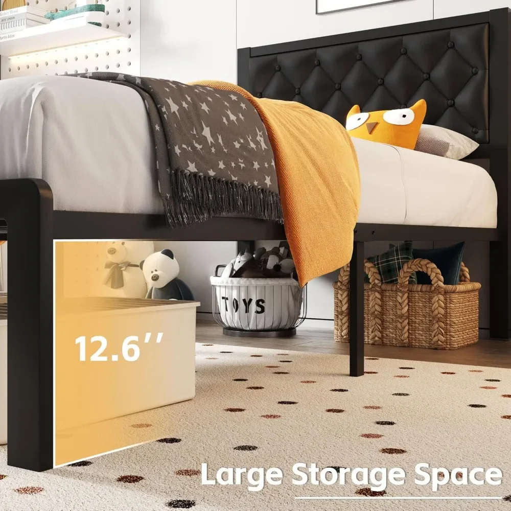 إطار سرير مزدوج مع منصة إطار سرير منجد من جلد البولي يوريثان على اللوح الأمامي، جميع الشرائح المعدنية تدعم إطار سرير بمنصة مع مساحة تخزين