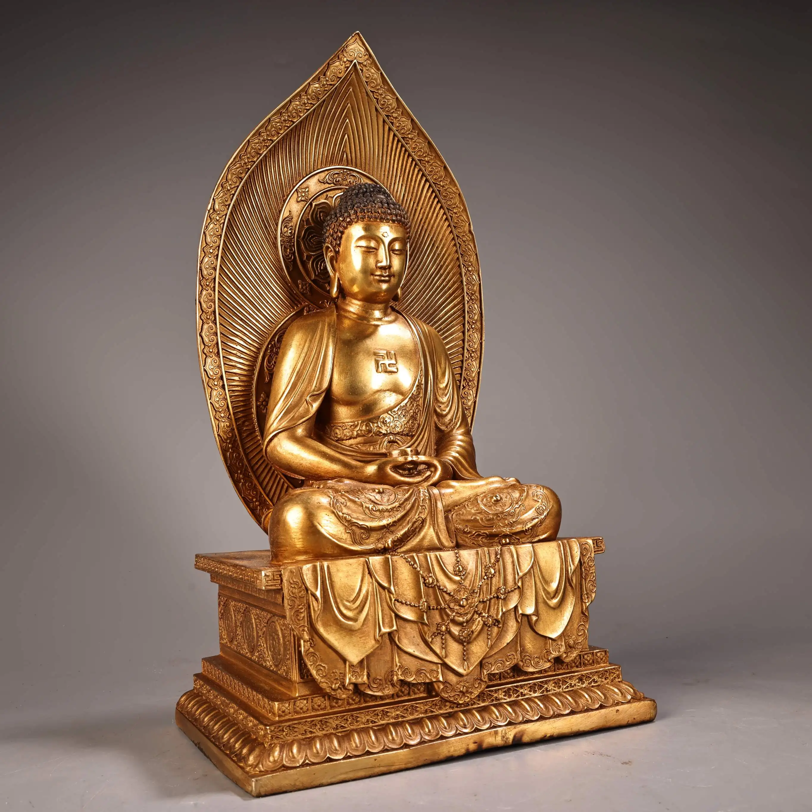 Tibet Folk Tibet Folk Old Bronze Gilded High Relief Amitabha Shakyamuni Buddha Platform Sitting Buddha Worship Hall Town house