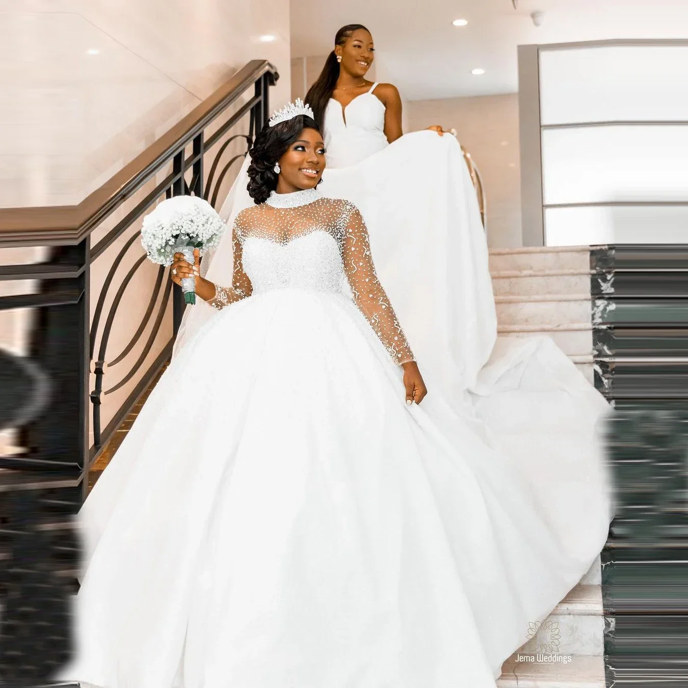 Grânulos personalizados lantejoulas vestidos de casamento africanos robe de mariée trem varredura plus size mangas compridas vestidos de noiva inchados