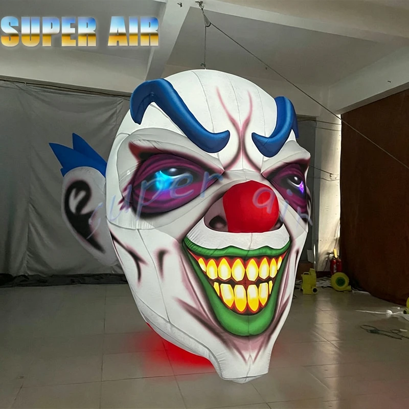 Custom Inflatable Horror Clown Head Sculpture with LED Light, Halloween Haunted House Outdoor Party Festival Advertising Decor