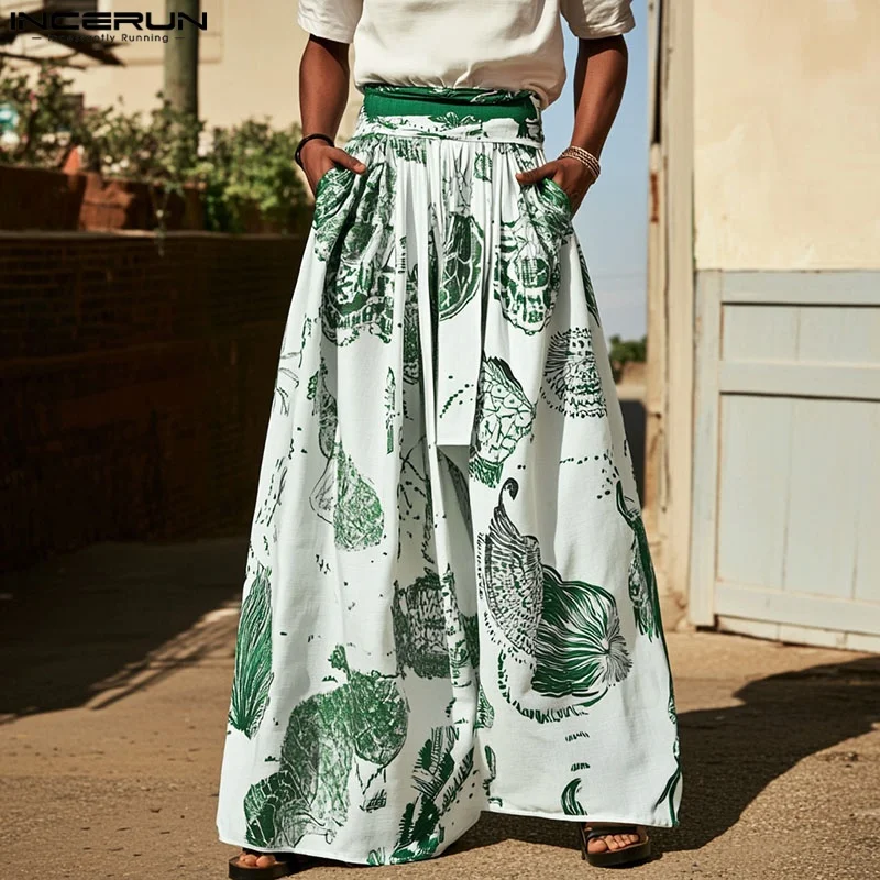 INCERUN เสื้อกันหนาว 2025 กางเกงขากว้างผู้ชายพิมพ์ Lace Up Joggers กางเกงผู้ชายแฟชั่น Oversize Casual ชายยาวกางเกง S-5XL