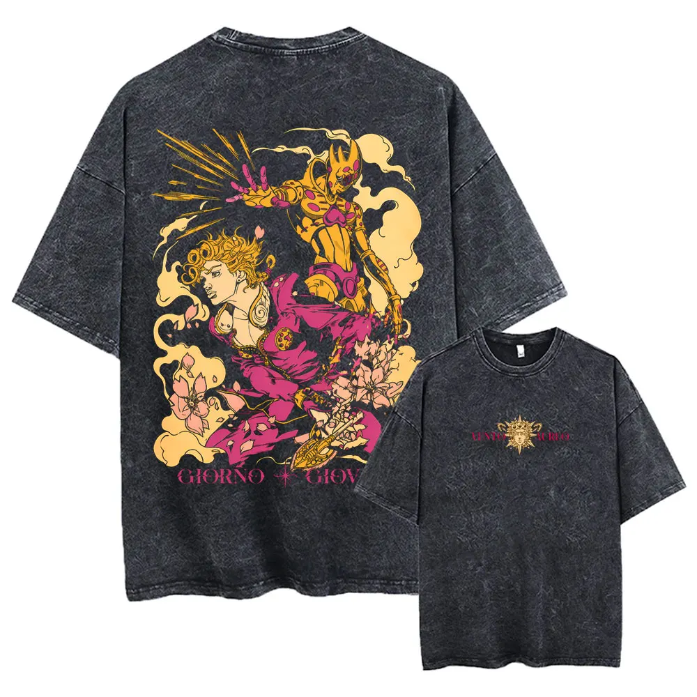 Anime Jojo Bizarre Adventure Giorno Giovanna Washed Vintage T-shirt Men Women Manga Retro Oversized T Shirt Male Cotton T-shirts
