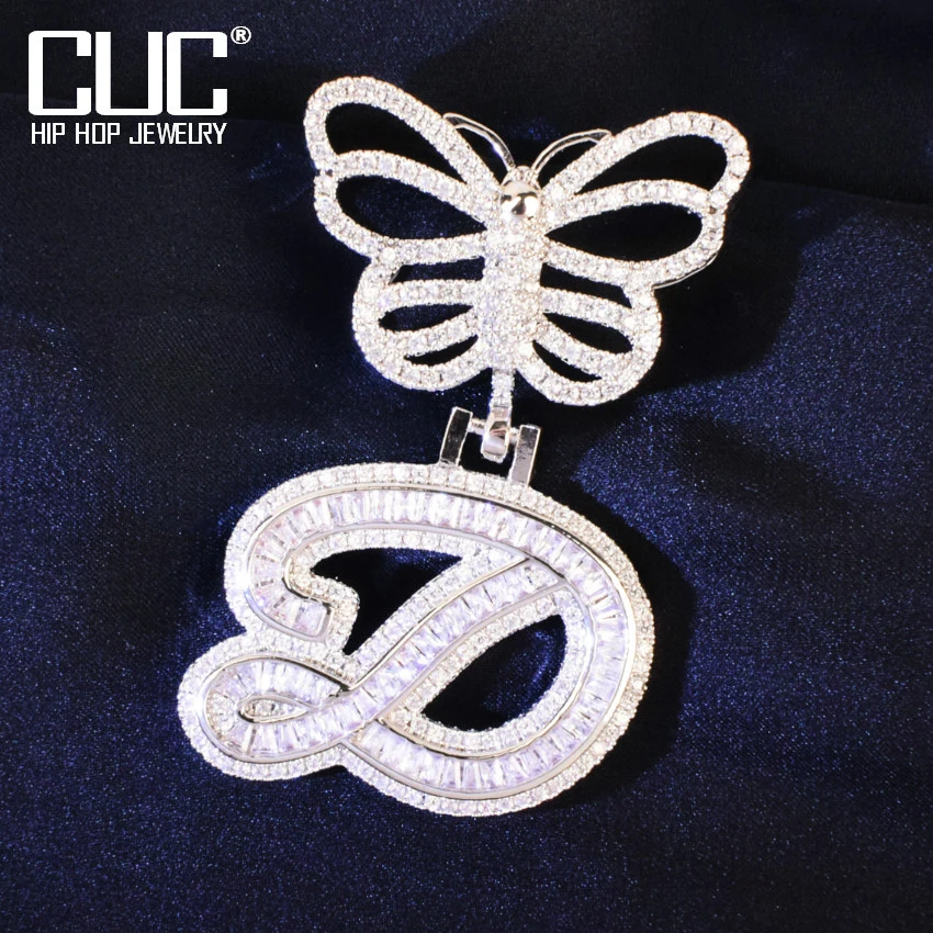 

CUC A-Z Single Cursive Letter Pendant For Women Butterfly Bail Charm Iced Out Zircon Men Necklace Chain HipHop Jewelry