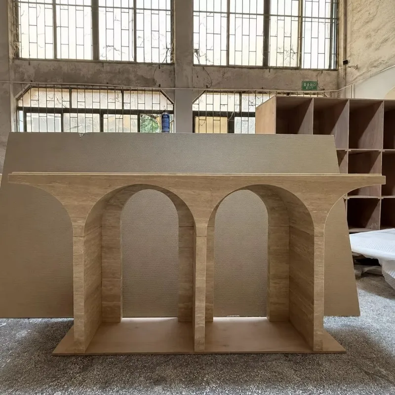 

French high-end entrance table Nordic modern arched natural travertine marble