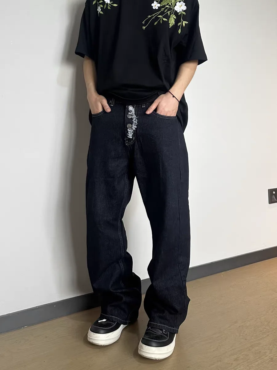 

Мужские джинсы свободного прямого кроя A-силуэта из оригинального денима с рваным дизайном, повседневные, удобные, в винтажном стиле, со средней посадкой, на молнии