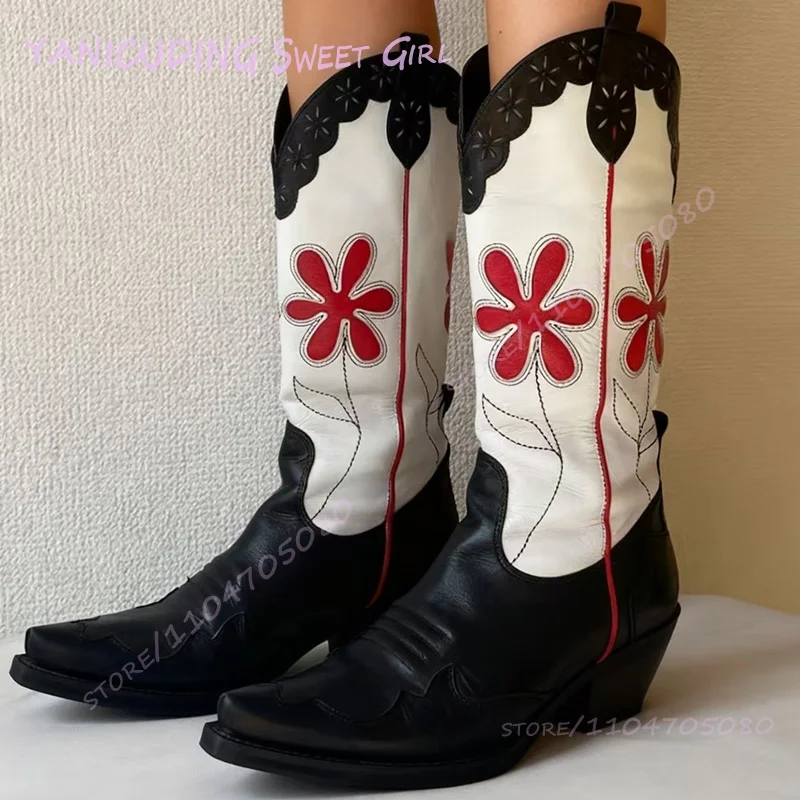Sepatu Bot Denim Vintage Motif Bunga Wanita Kulit Hitam Putih Hak Rendah Sepatu Bot Setinggi Lutut Ujung Runcing Gaya Keren Jahitan Grafiti