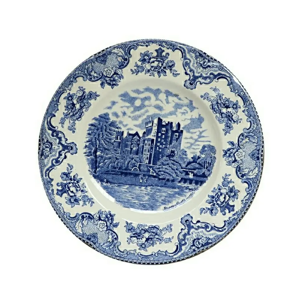 Ceramic Vintage European Blue Castle Steak Flat Soup Plate Bread Plate
