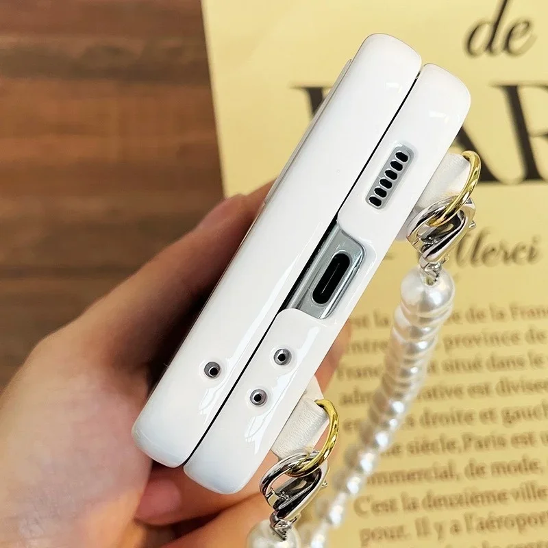 الكورية بسيطة الأبيض قضية الهاتف مع الكتف حزام طويل حبل اللؤلؤ لسامسونج غالاكسي Z فليب 7 6 5 4 3 5G الغطاء الخلفي