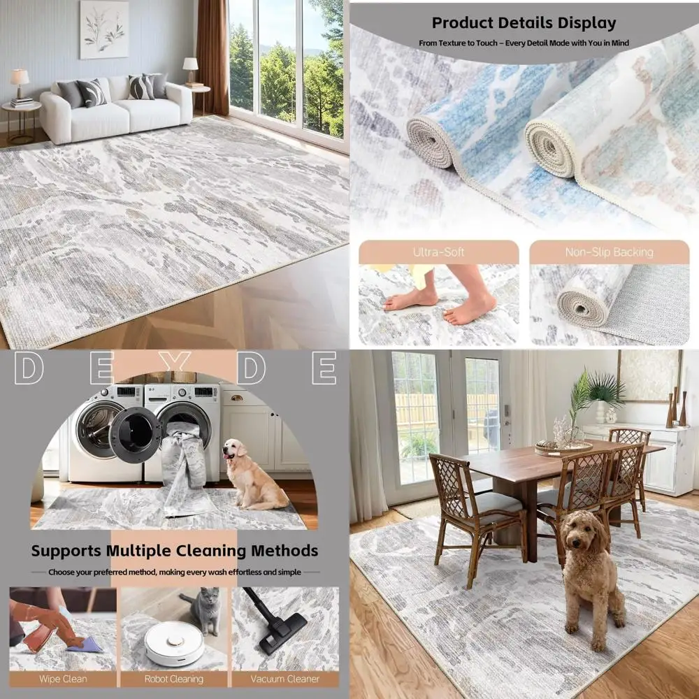 

Washable 8x10 Area Rugs for Living Spaces and Bedrooms, Modern Low Pile Carpets with Soft Texture and Anti-Slip Feature