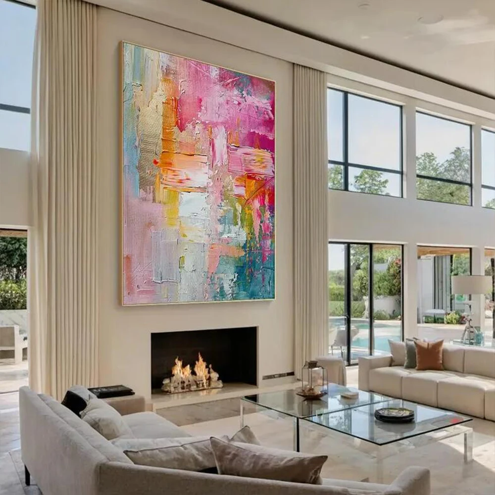 Large Pink Abstract Oil Painting – Handmade Colorful Wall Art for Living Room, Modern Feminine Office or Bedroom Decor Canvas