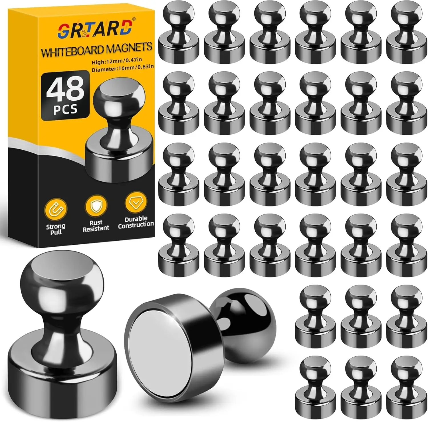 

48 Pack Black Magnetic Push Pins - Strong Fridge & Whiteboard Magnets for Office, School, Locker & Map