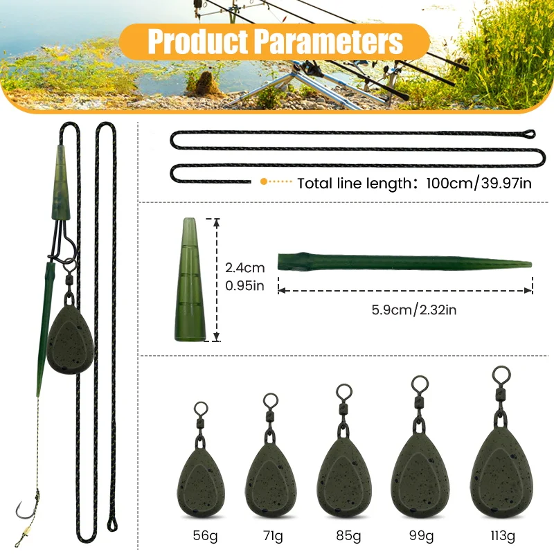 1set Professional Carp Fishing Leader Kit - with Sinkers, Carp Hooks & Weighted Core Line | All-in-One Tackle Set for Bottom Fis