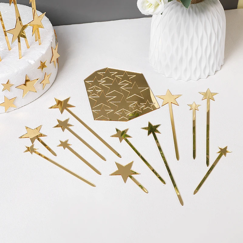 12 قطعة من أغطية الكيك الذهبية على شكل نجمة خماسية لتزيين أعياد الميلاد، مرآة ذهبية من الأكريليك لمجموعة مستلزمات تزيين الكيك