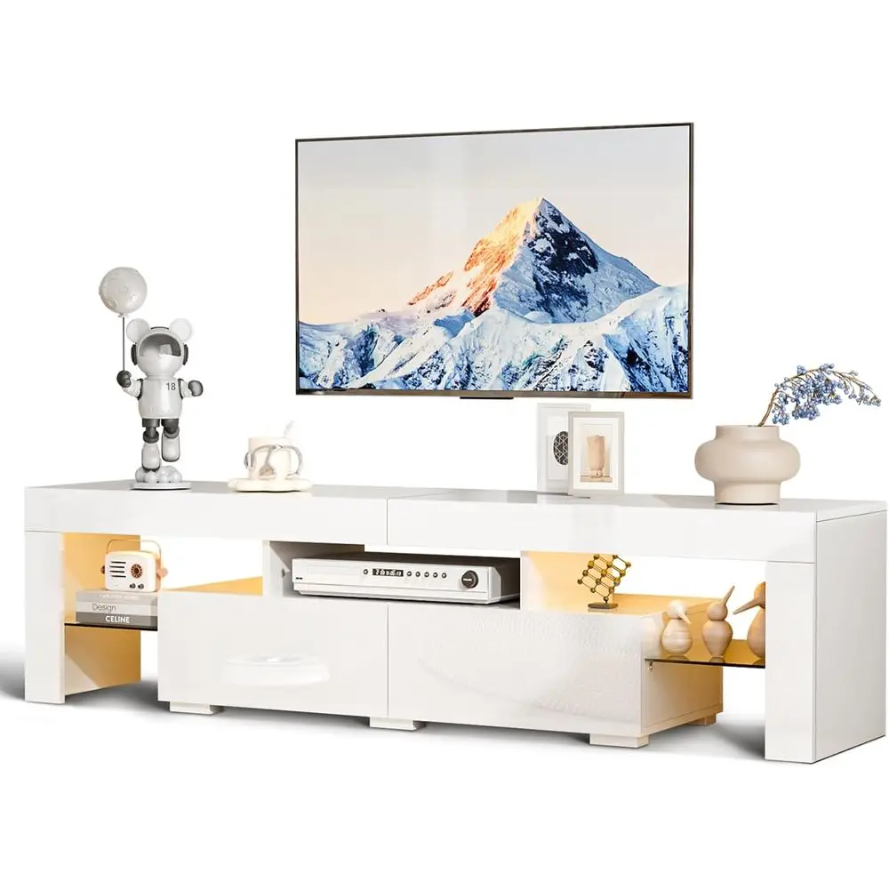 Modern High Gloss White TV Stand for 55-70 TVs with LED Lights and Storage, 63H x 14W x 18D
