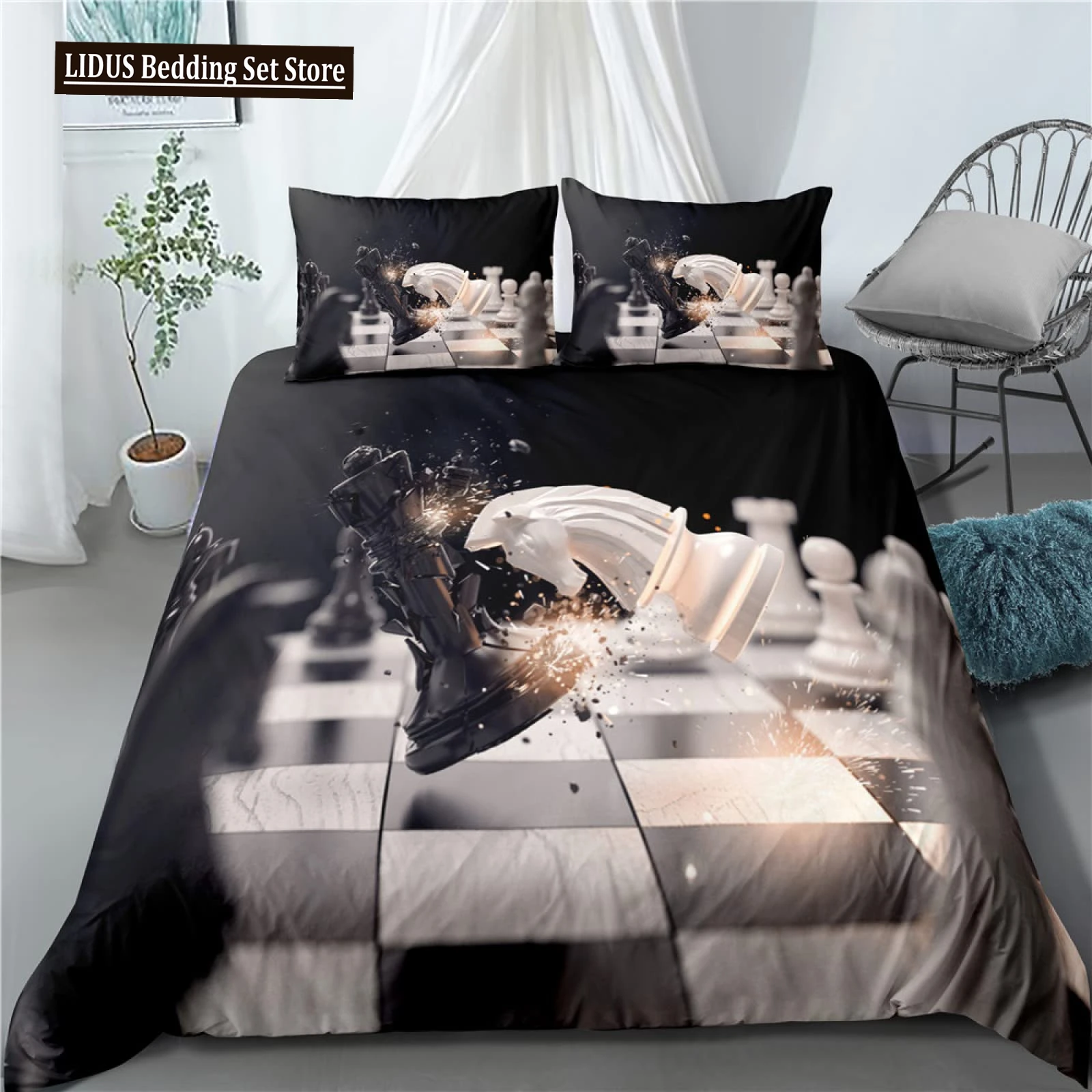 

International Chess Duvet Cover Set Black White Lattice Checkerboard Comforter Cover Competition Game For Kids Teens Bedding Set