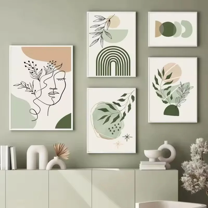 

Boho Sage Green Plants Canvas Painting Abstract Artwork Geometric Wall Art Nordic Posters and Prints Wall Pictures Decor