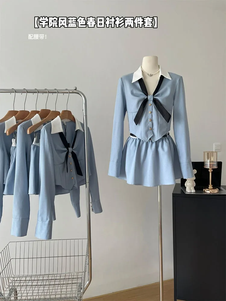 Formal Occasion Outfits 2 Piece Skirt Set Polo-Neck Shirts Blue Chic + High Waist Pleated Skirt With Belt Coquette Preppy Style