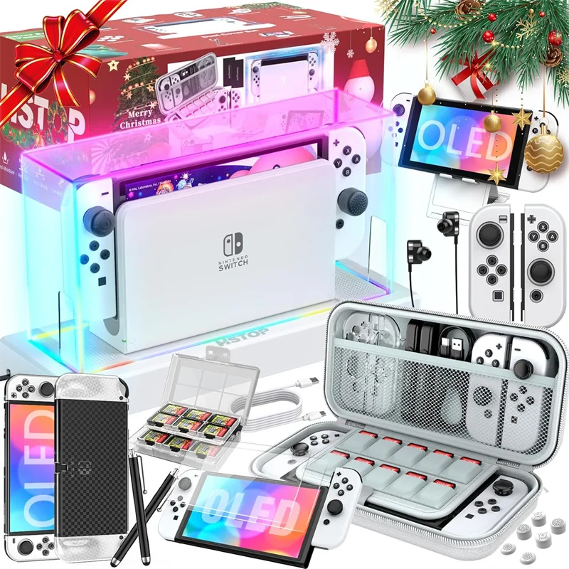 Switch OLED Accessory Kit 25 in 1 for Nintendo Switch OLED with LED Display Protective Cover Carrying Case Pluggable Case