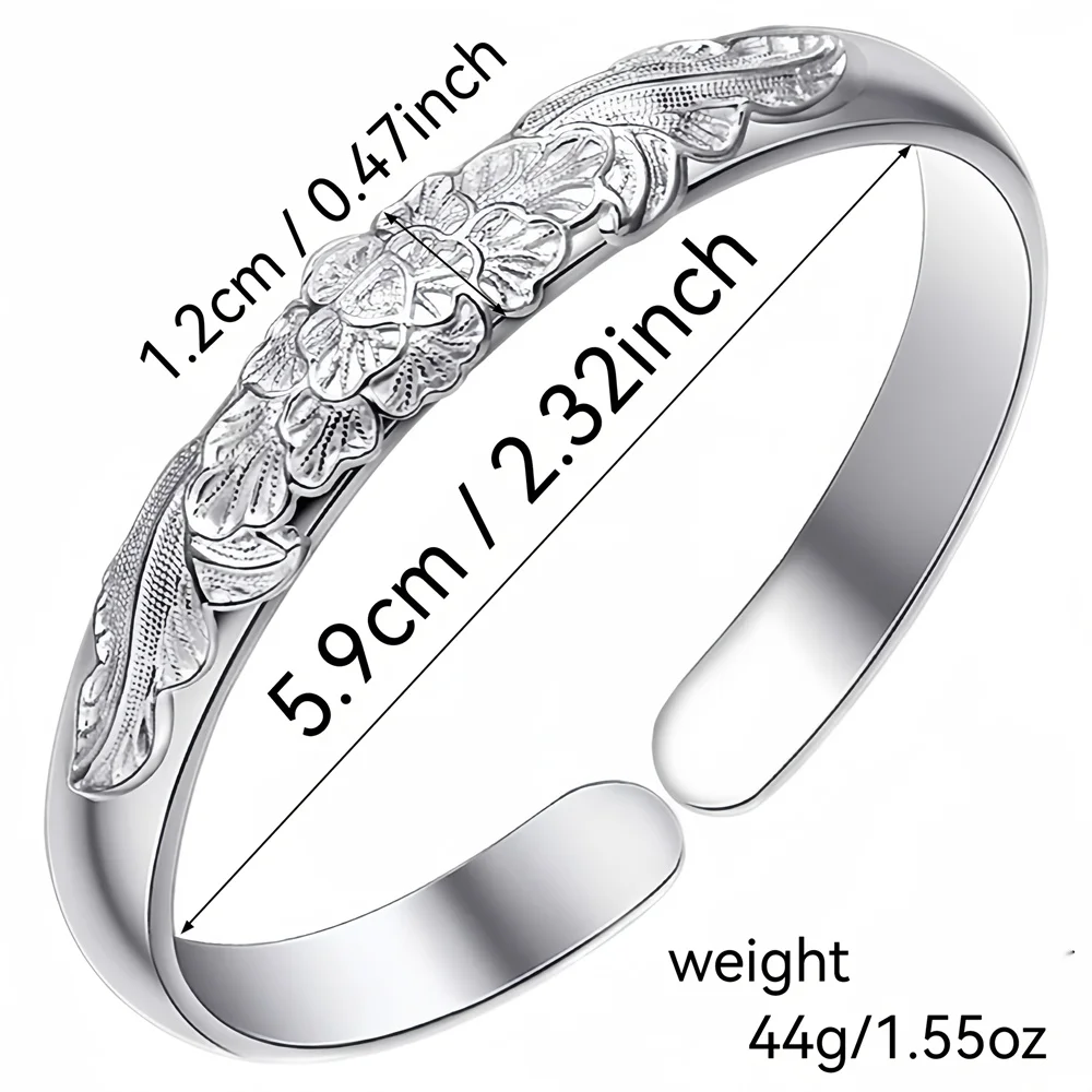 Exquisite 999 Sterling Silver Flower Engraved Open Cuff Bangle Free Custom Engraving  Jewelry Gift For Girlfriend Mother Women