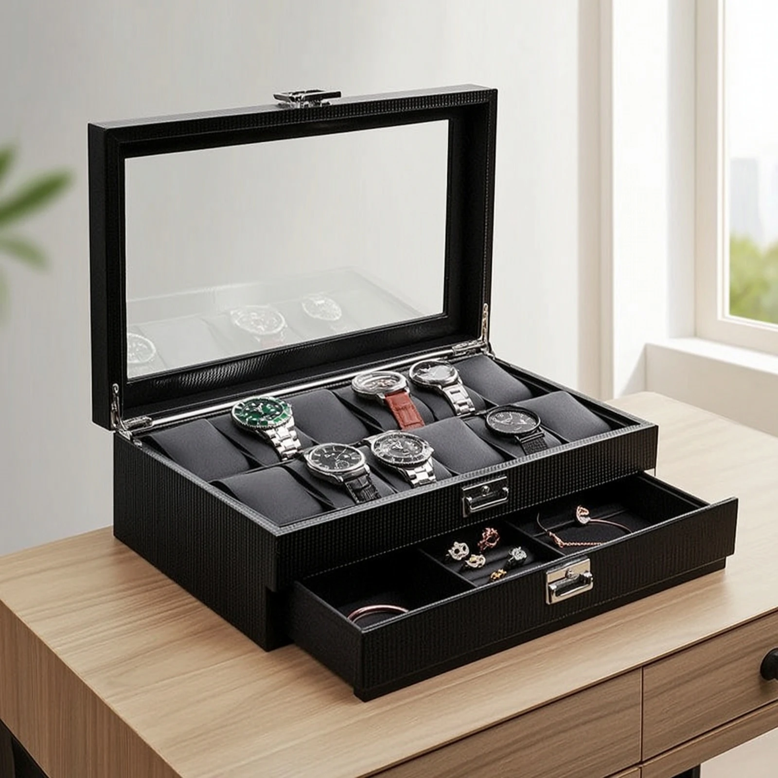 Double-Layer Watch Box Scratch-Resistant Watch Organizer with Drawer Jewelry Organizer with Glass Lid Dustproof Display Case