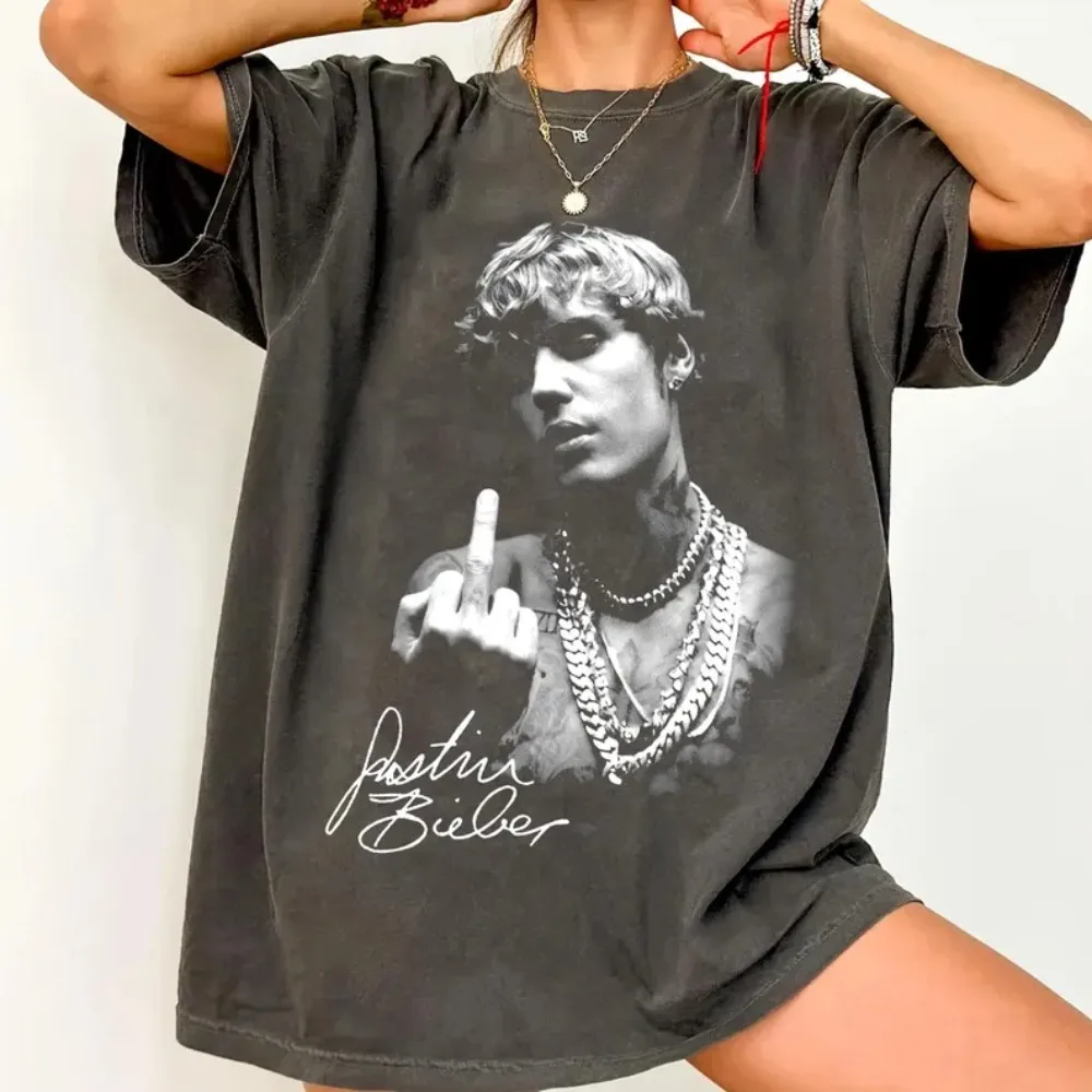 Camiseta Estilo Gráfico Retro Vintage Cinza Escuro Justin Bieber, Moda Streetwear para Mulheres e Homens, Camiseta Oversize para Fãs de Música no Verão
