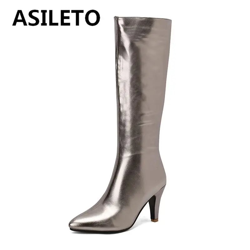 

ASILETO 2024 новые модные сапоги До Колена Для Женщин с острым носком на тонком каблуке 8,5 см на молнии большого размера 46 47 Сексуальная Женская длинная обувь