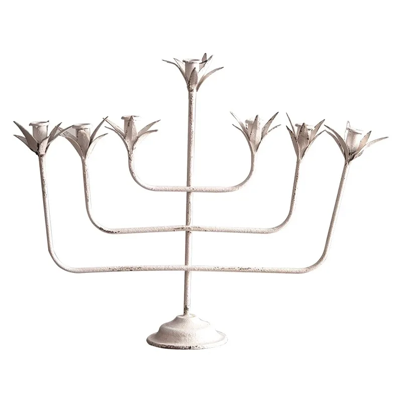 

Vintage Metal Floral Candelabra, White Distressed Finish, 7-Light Taper Candle Holder, 22x5.5x19.5 Inch, Classical Style Table C