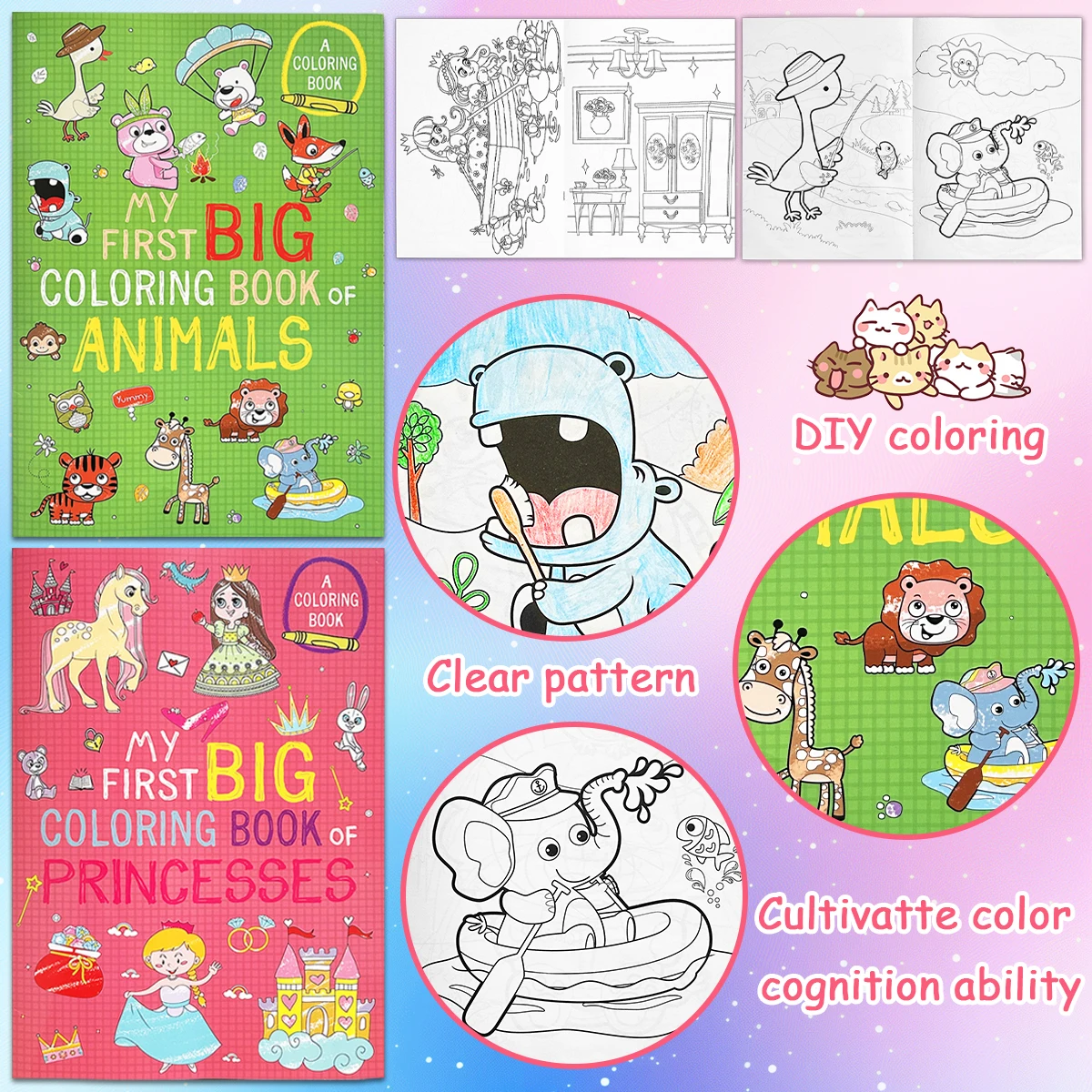 

Набор детских книг-раскрасок из 2 книг, динозавр, единорог, английская книжка-раскраска на тему принцессы, детский книжка-раскраска