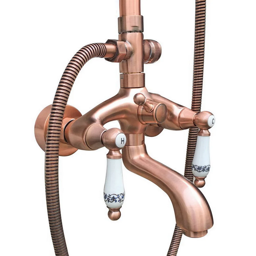 Antieke Rode Koper 8 "Ronde Rain Douchekraan Dual Handles Bad Uitloop Handdouche Mengkraan Brg534