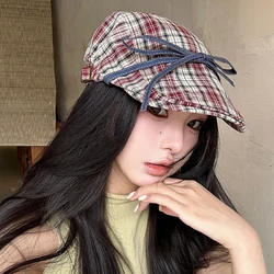 Fashion Bow Strap Berets for Women British Style Summer Travel Sunscreen Niche Versatile Show Face Small Retro Plaid Forward Hat