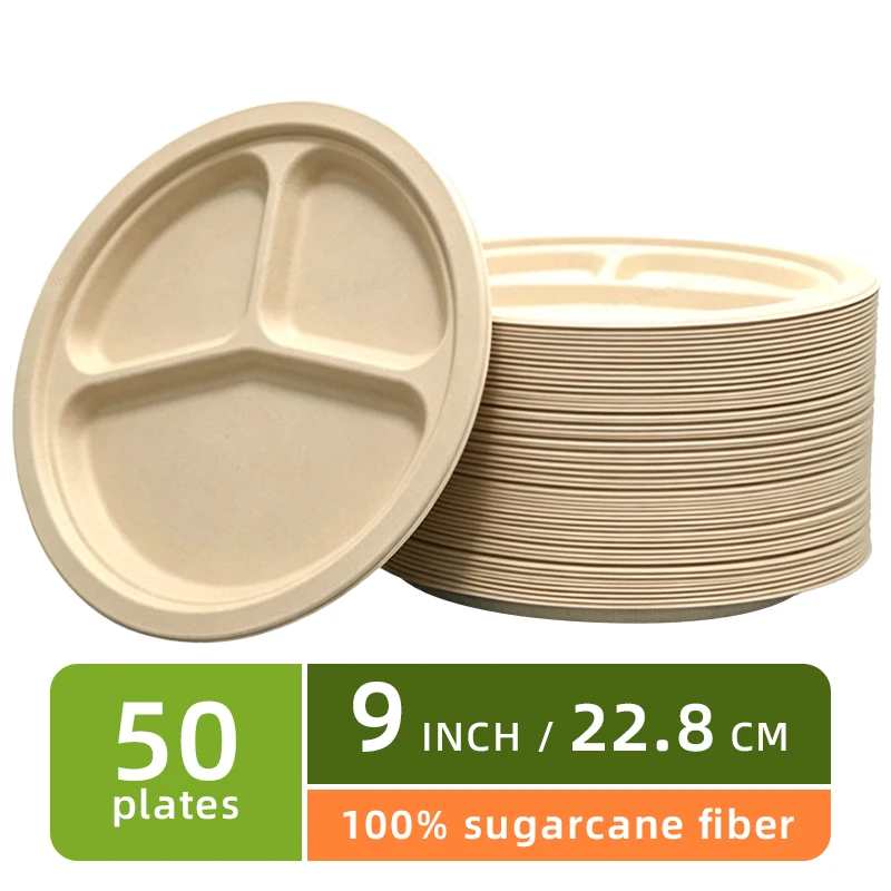 50Pcs 3 Compartment Disposable Round Plates, Paper Lunch Boxes, Lightweight Takeaway Paper Bowls for Salad, Soup & Noodles