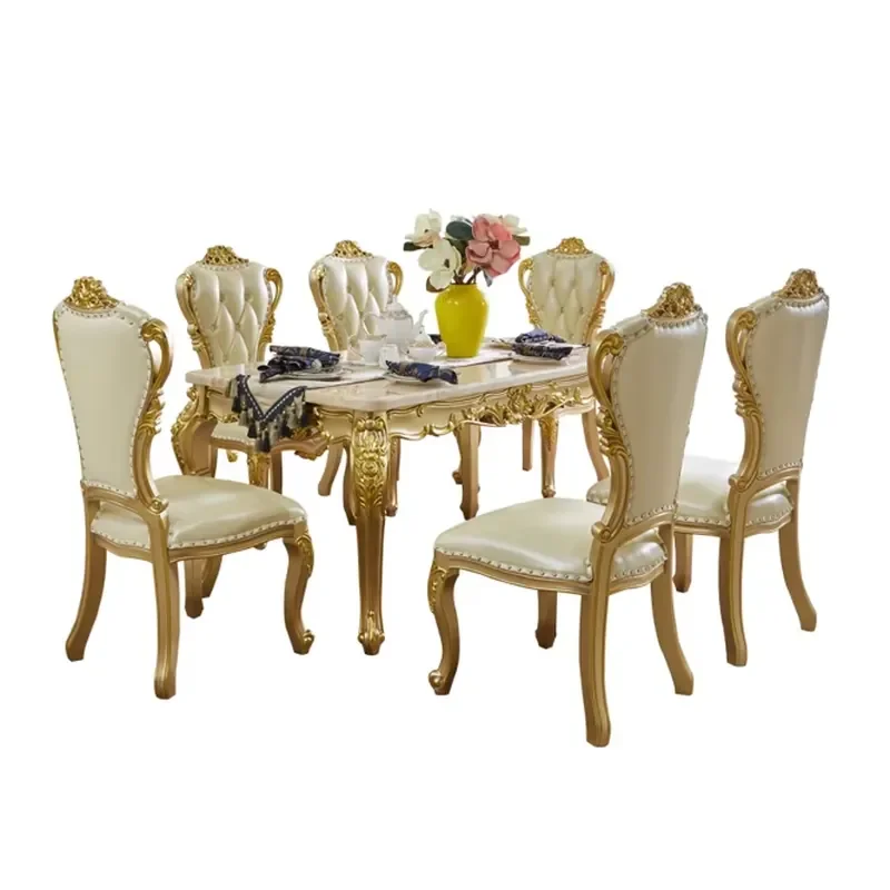 French Royal Classic 6-Seater Dining Room Set Champagne Gold Oval Table Wood Inlay Veneer Leather Chairs view 4