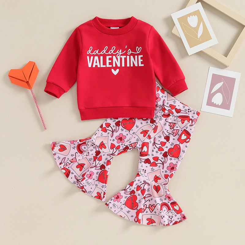 

2023-10-18 Lioraitiin 0-24M Toddler Baby Girl Valentines Outfit Letter Print Crewneck Sweatshirt Shirts Flare Pant Clothes Set