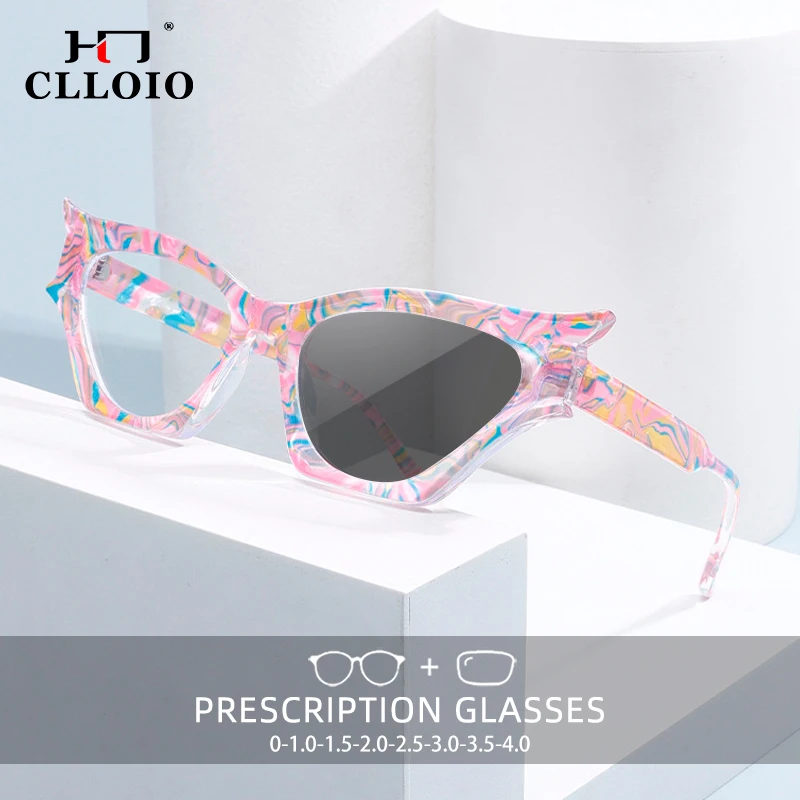 

CLLOIO Personalized Cat Eye Reading Glasses Women Myopia Anti-blue Ray Photochromic Glasses Fashion pattern Prescription Glasses