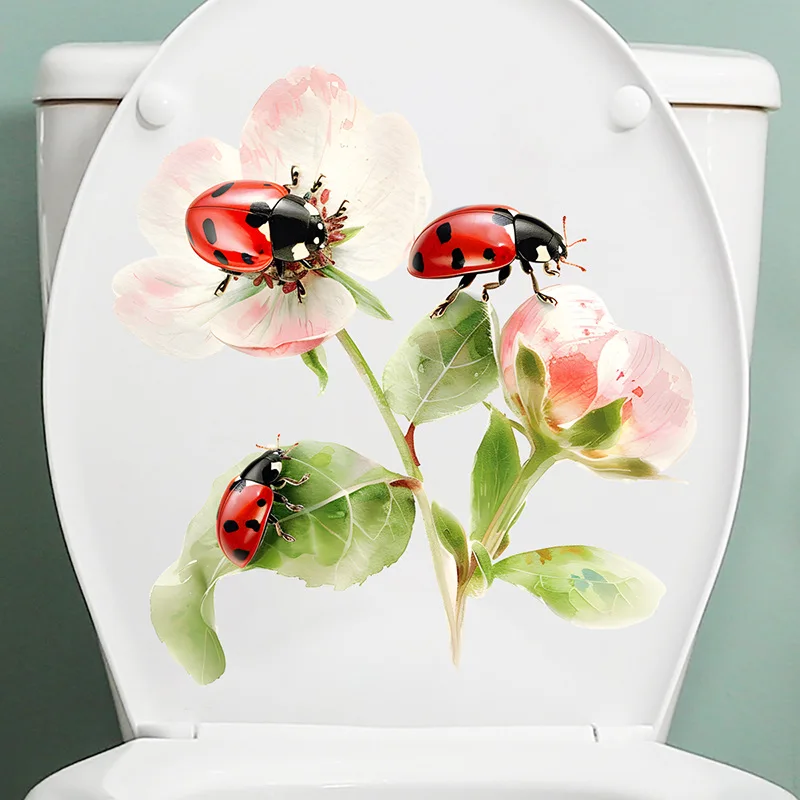 Waterproof Toilet Seat Cover Sticker with Painted Flower Ladybug Wall Sticker Self-Adhesive PVC Design for Bathroom
