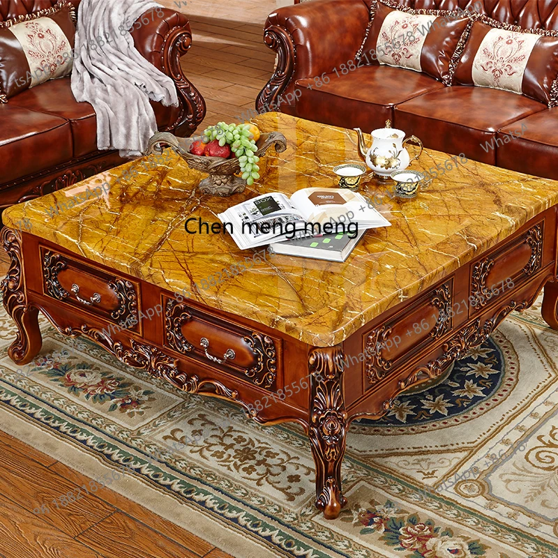 

Большой журнальный столик в европейском стиле, квадратный журнальный столик из массива дерева с резным мрамором для гостиной