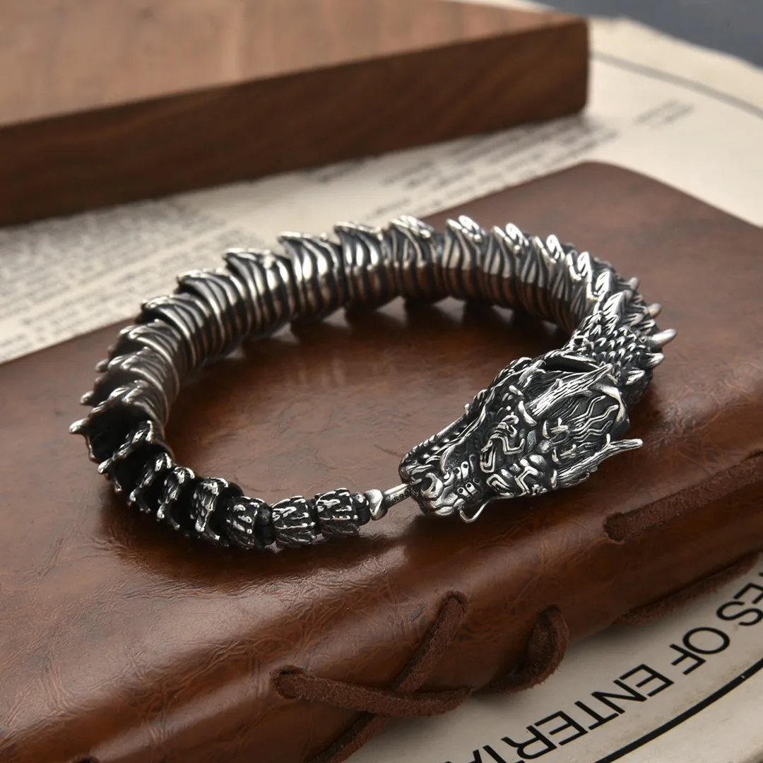 

Handmade retro domineering dragon head bracelet men's fashion personality sterling silver keel chain bracelet silver accessories