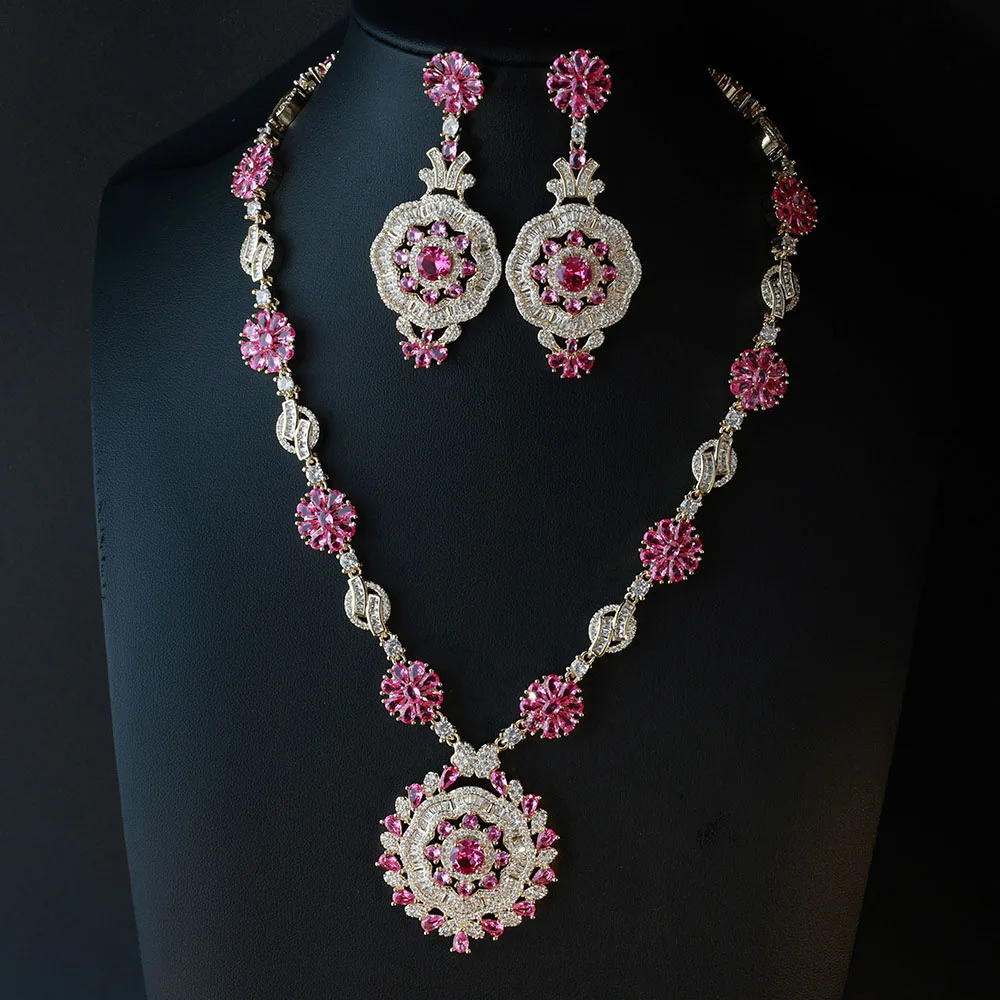 Nigeria Popular Gorgeous Gentle Rose Red Necklace Earrings Jewelry Set Women's Dress Wedding Holiday Travel Bridal Gift M-1011