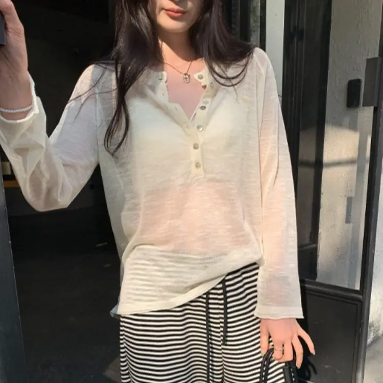 Spring Autumn New Loose Knitted Long Sleeve Women's Top Transparent Thin Sun Protection Casual Style Pure Color Slimming Design